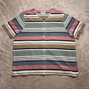 Alfred Dunner Cardigan Shirt Womens XL Striped Waffle Knit Spring Cottagecore